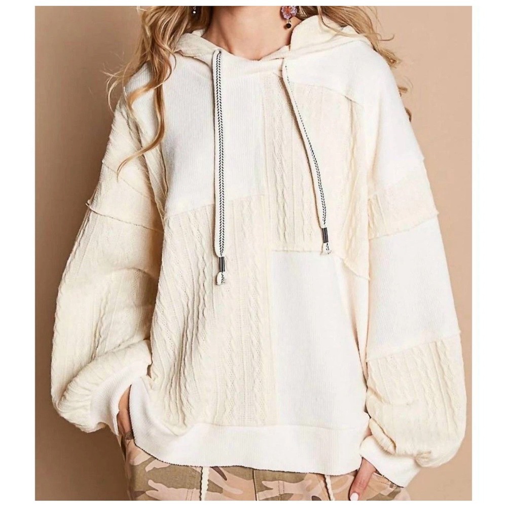POL Cream Patchwork Knit Hoodie Medium Boho Cable Knit Oversized Lagenlook
